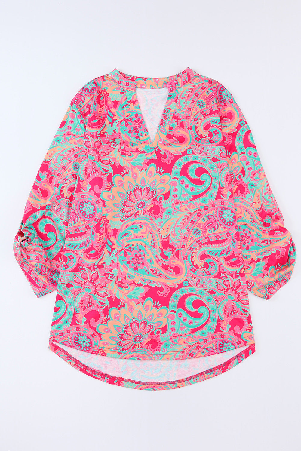 Pink Printed Plus Size Paisley Print V Neck Roll Tab Sleeve Blouse