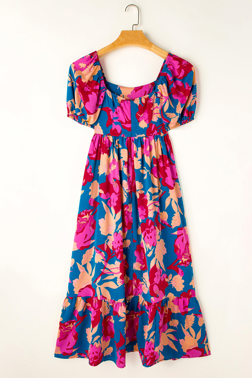 Boho Square Neck Bubble Sleeve Ruffled Floral Dress