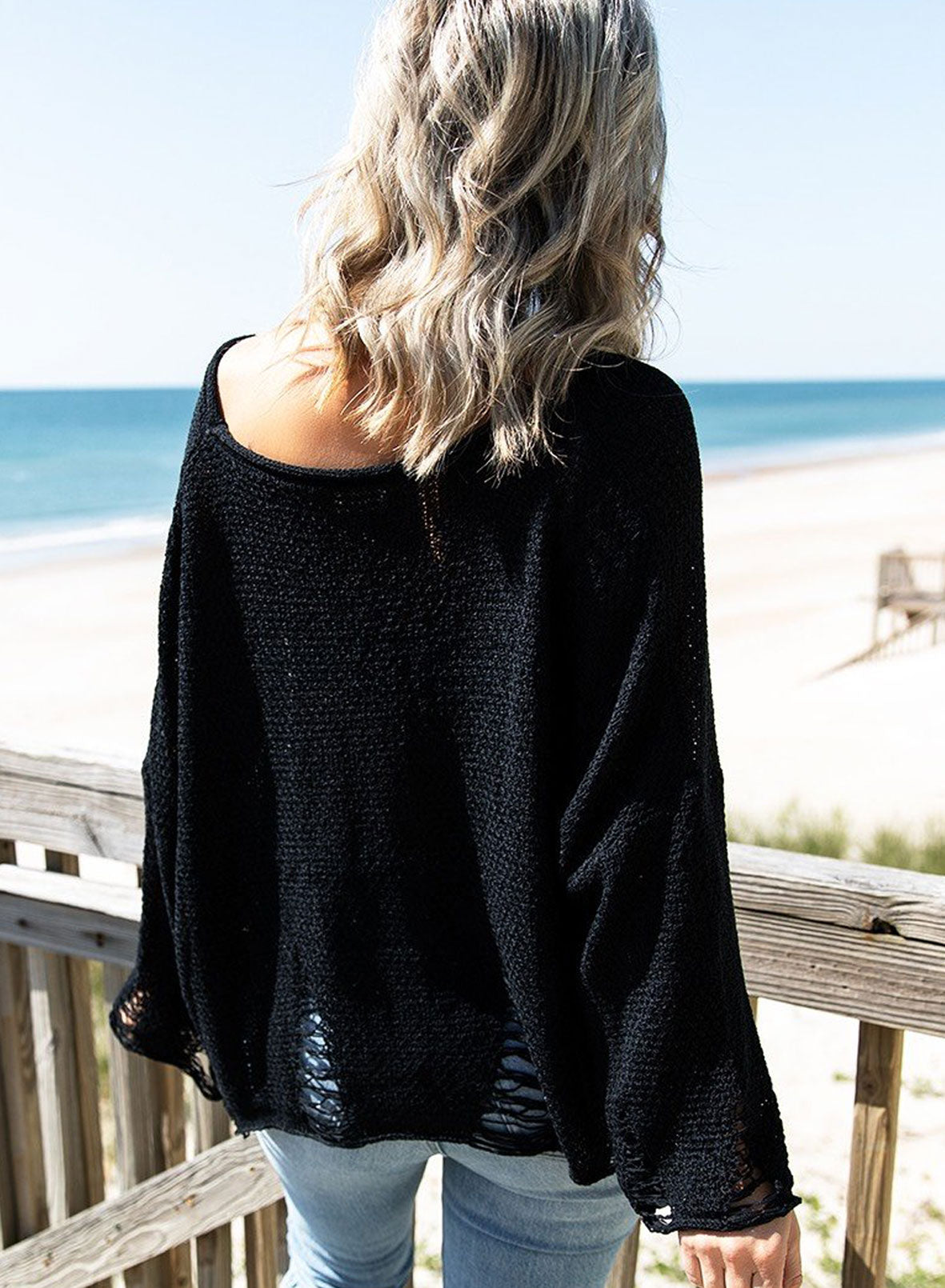 Black Casual Distressed Ripped Crop Knit Sweater