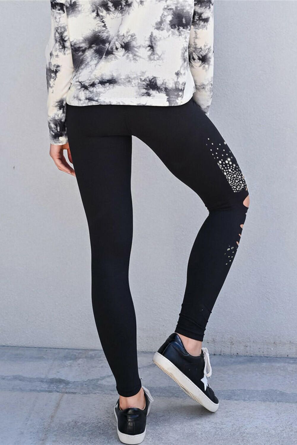 High-waisted Rhinestone Adorned Decorated Ripped Distressed Leggings