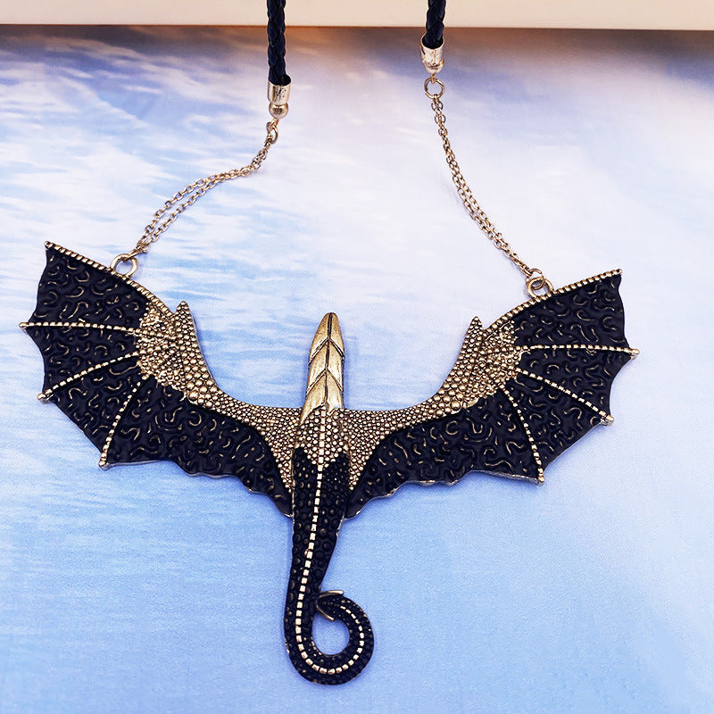 Fashion Rock Pterosaur Ancient Gold Alloy Pendant Halloween Leather Rope Bat Statement Necklace