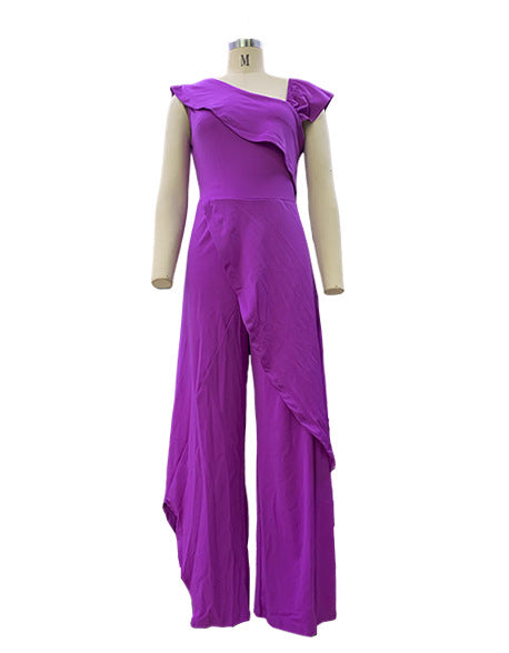 Simple Temperament Diagonal Collar Jumpsuit