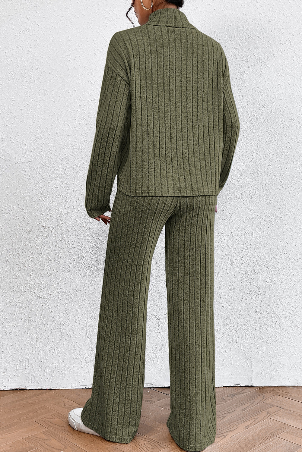 Khaki Ribbed Knit Bell Sleeve Crop Top Drawstring Pants Set