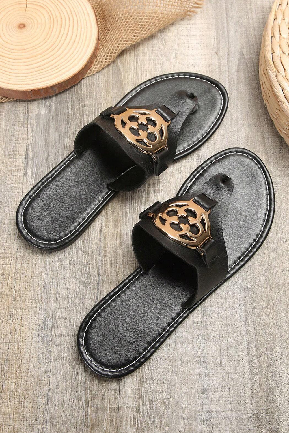 Black Vintage Metal Decor Leather Thong Slippers