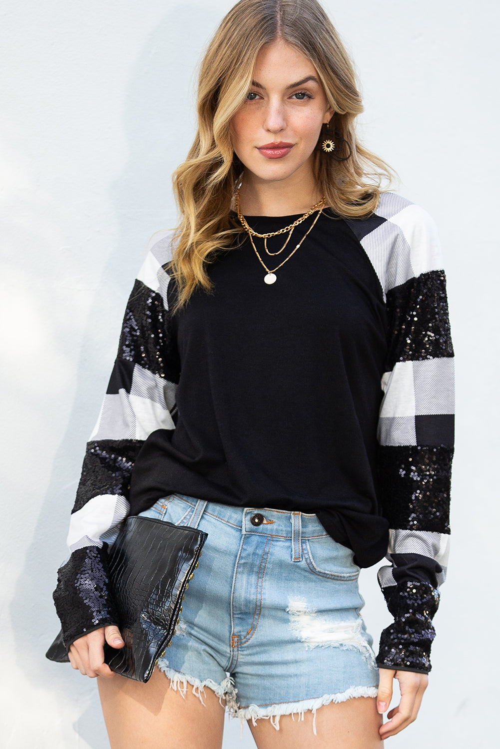 Black Sequin Plaid Patchwork Raglan Sleeve Top