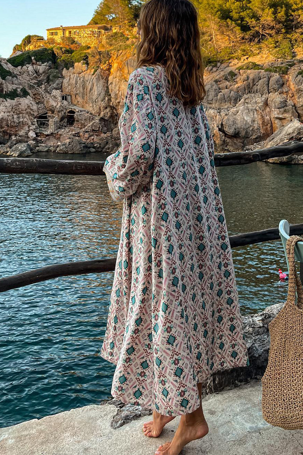 Pink Geometric Print Long Kimono