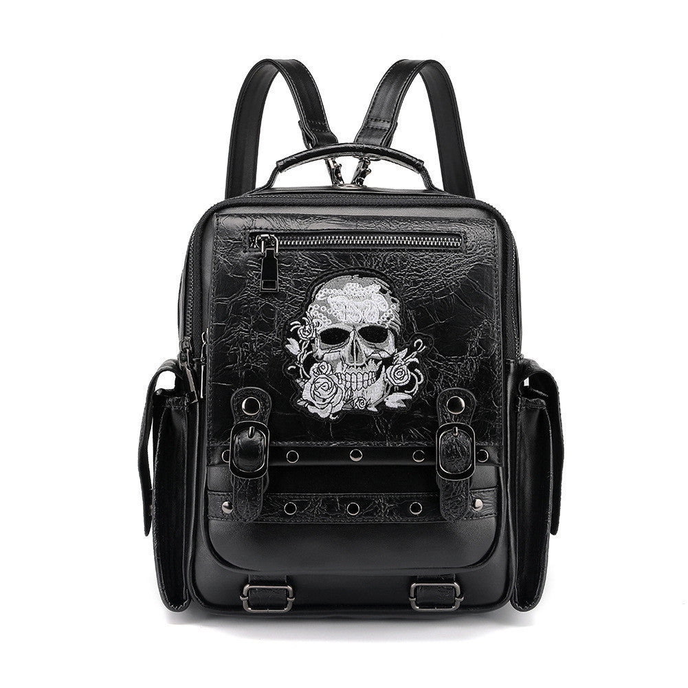 Women's Fashion Gothic Large Capacity Skull Head Embroidered Shoulder Backpack Multiple Use Bag