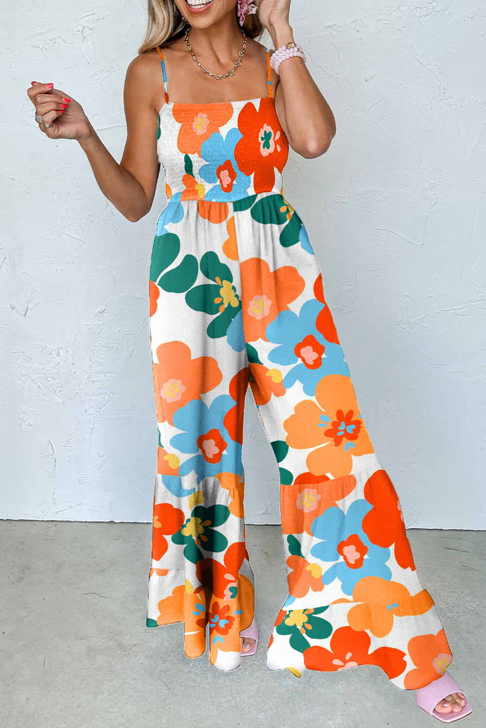 Orange Floral Spaghetti Straps Smocked Wide Leg Jumpsuit | Women’s Summer Fashion