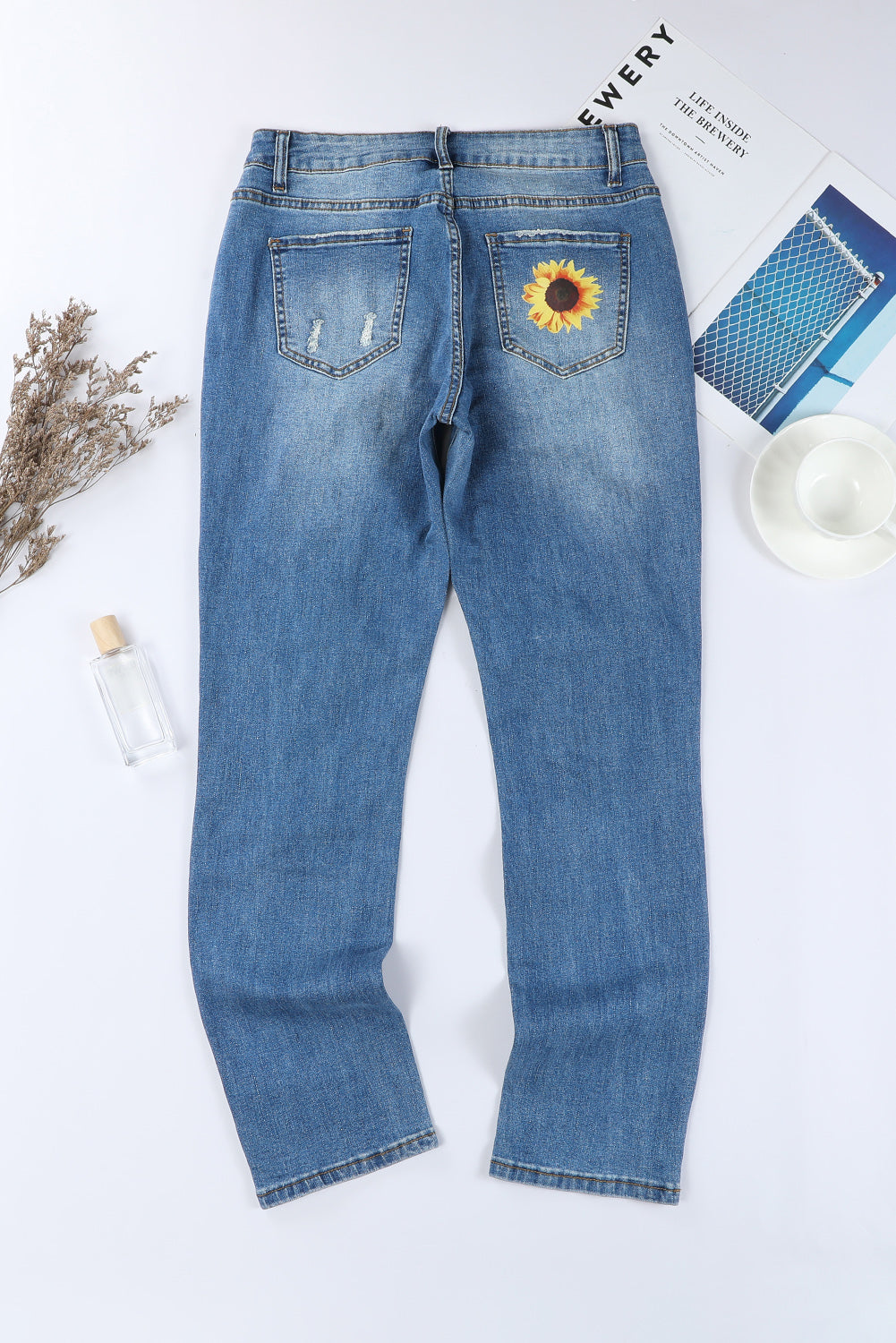 Blue Sunflower Print Ripped Mid Rise Straight Leg Graphic Jeans