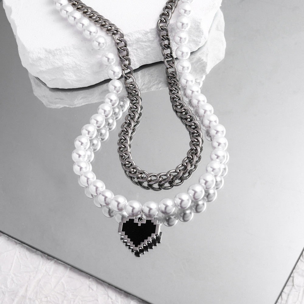 Novel and fashionable double-layer stitching chain with pearl love pendant punk style all-match necklace