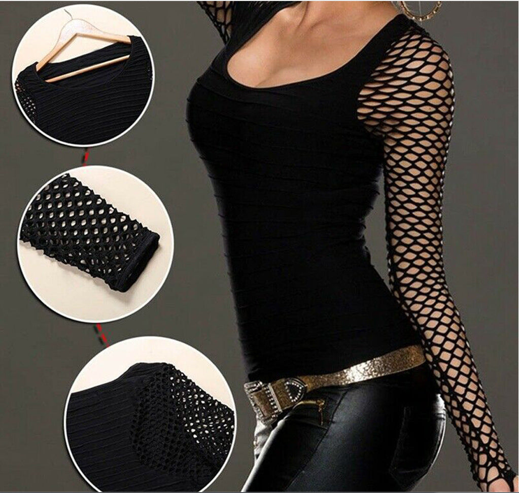 Punk Rock Style Long Sleeved Fishnet Sleeve Slim Fit Top