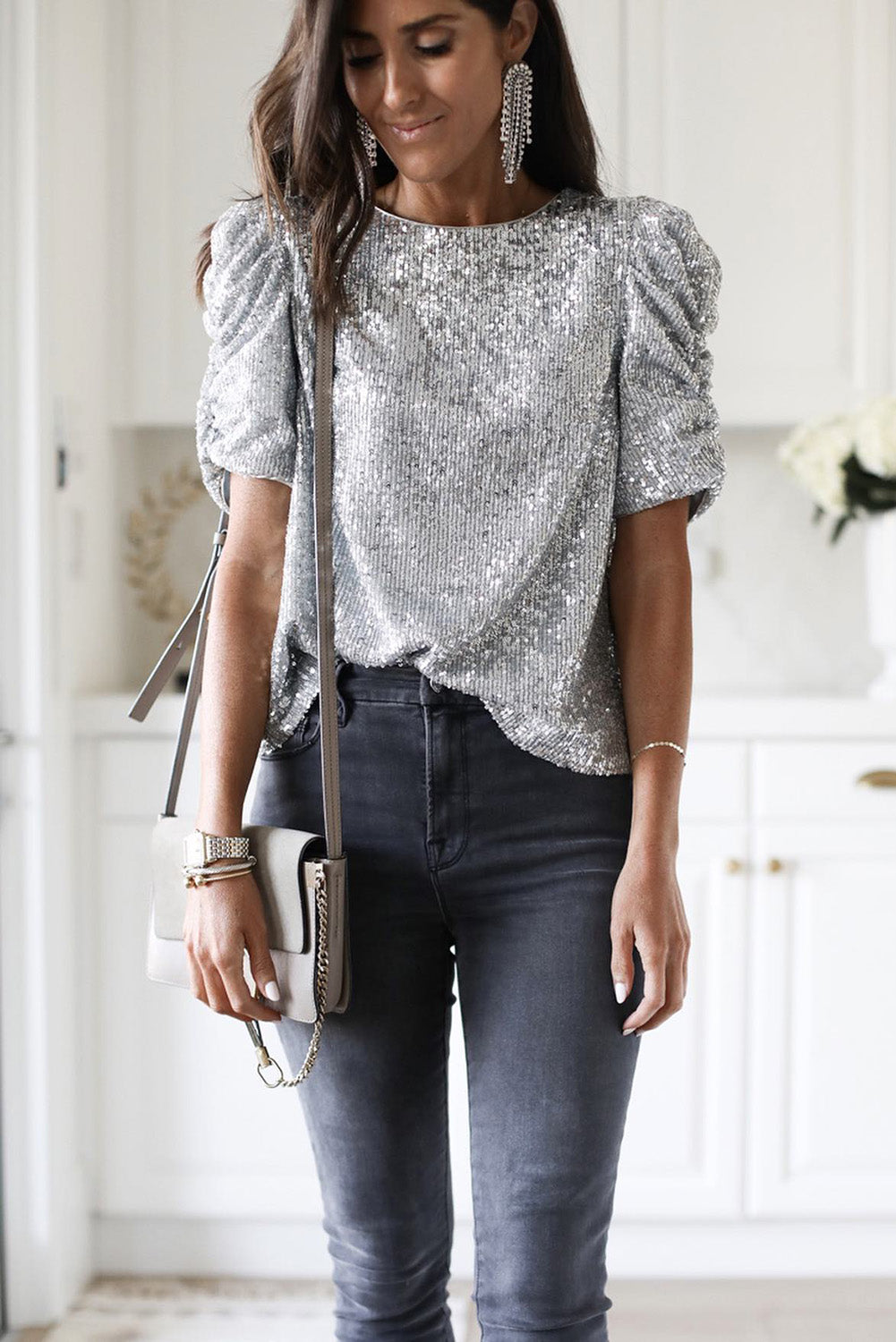 Silvery Ruched Puff Sleeve Sequins Top