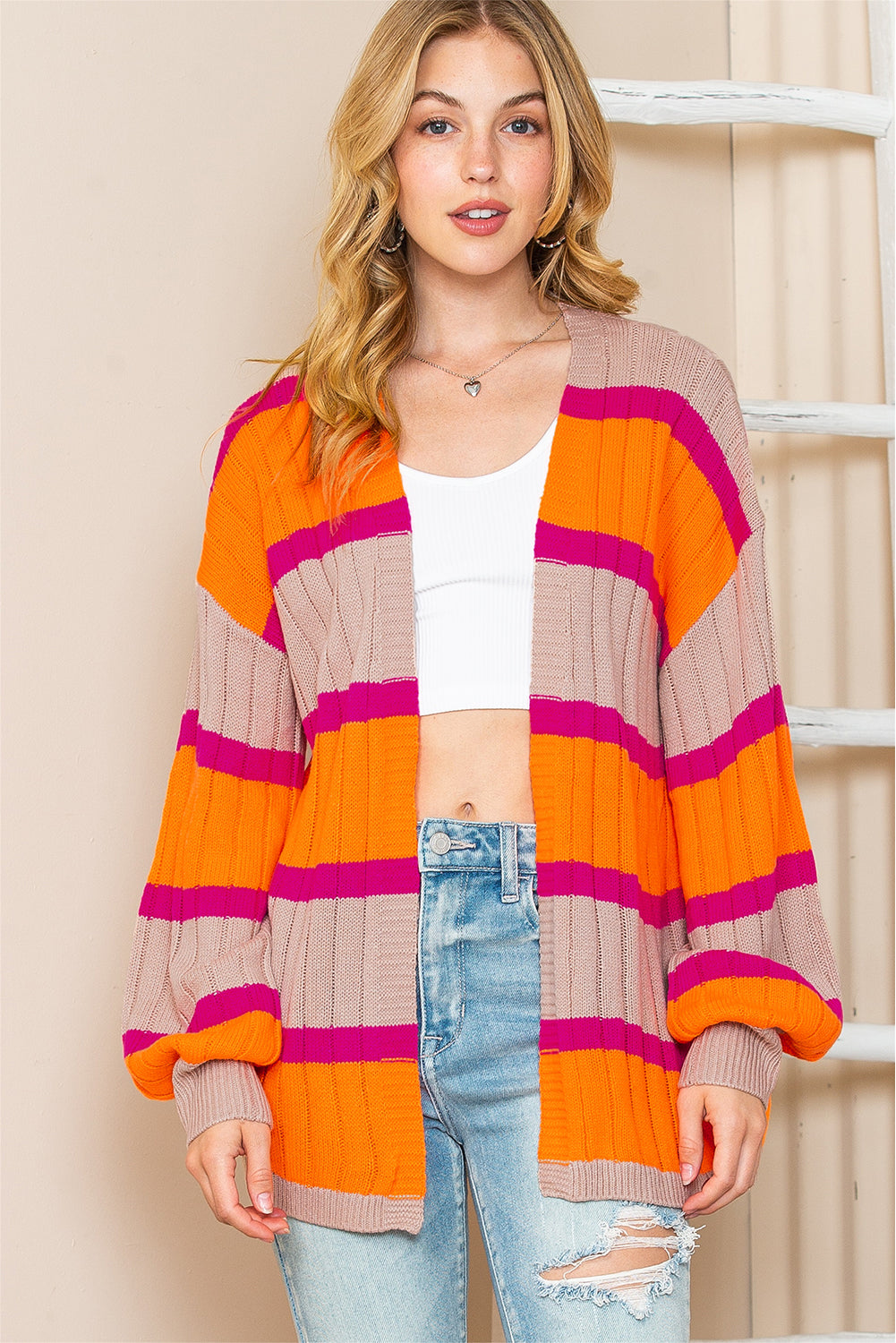 Black Stripe Print Ribbed Knit Sweater Cardigan