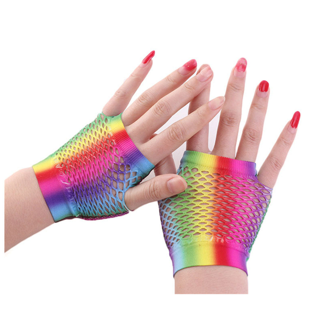 Rainbow Fishnet Short Fingerless Gloves