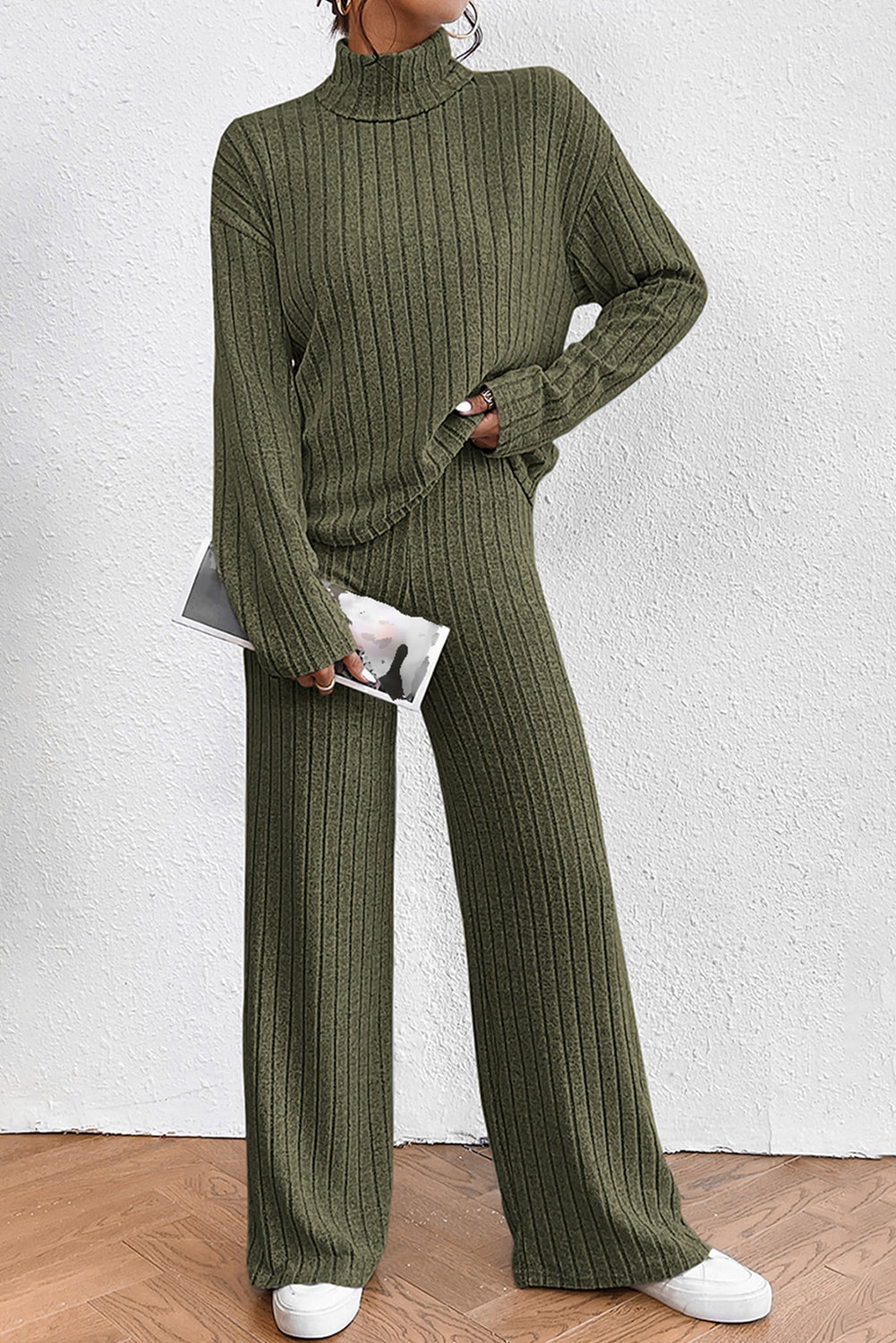 Khaki Ribbed Knit Bell Sleeve Crop Top Drawstring Pants Set