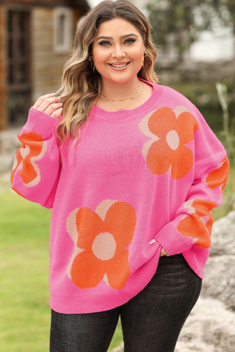 Camel Flower Pattern Slouchy Sweater