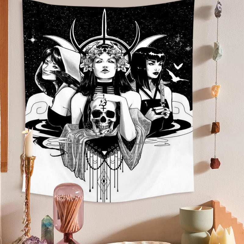 Girl Skull Black And White Style Print Home Decor Fabric Tapestry Beach