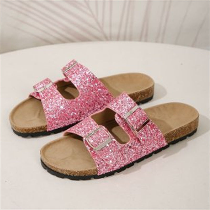 Double Buckle Sandals For Women New Fashion Sequined Beach Shoes Summer Leisure Outdoor Slippers Slides