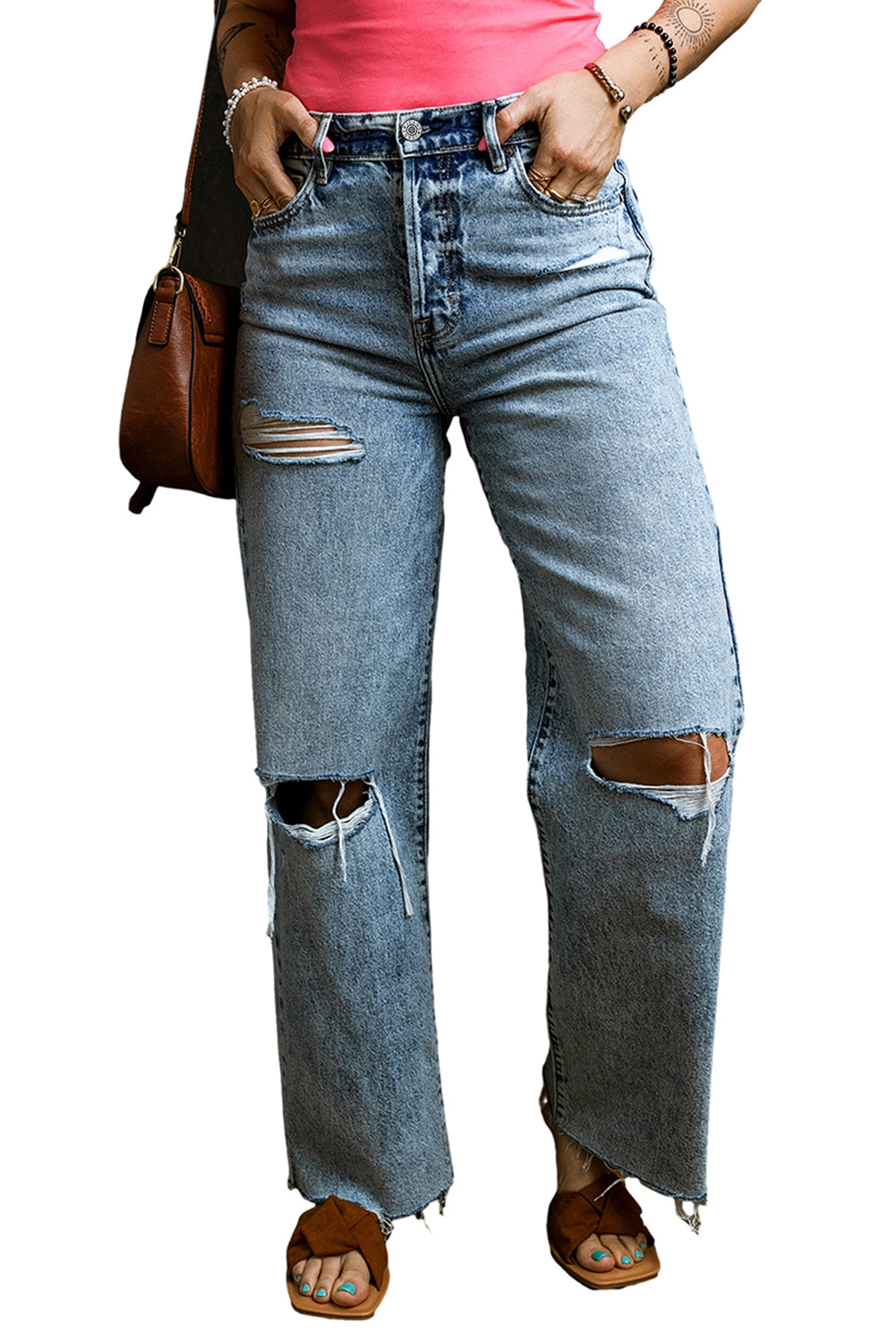 Light Blue Distressed Ripped Raw Hem Straight Leg Jeans