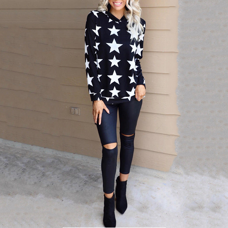 Hooded Long Sleeve Loose Sweatshirt with Star Pattern