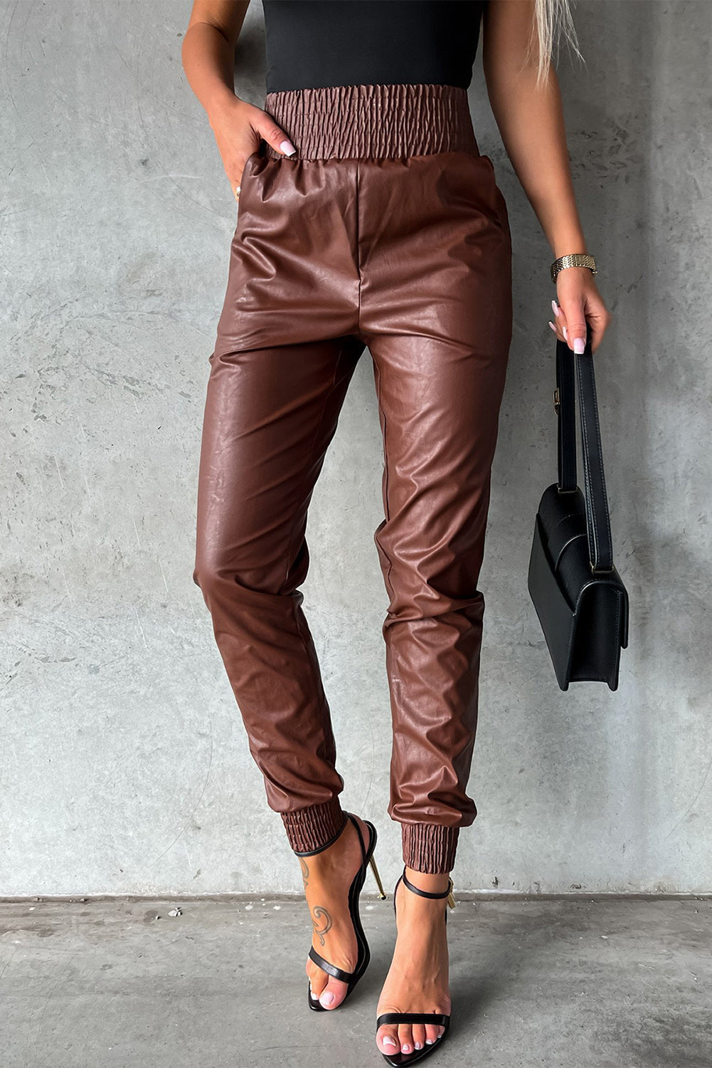 Black Smocked High Waist Leather Skinny Pants