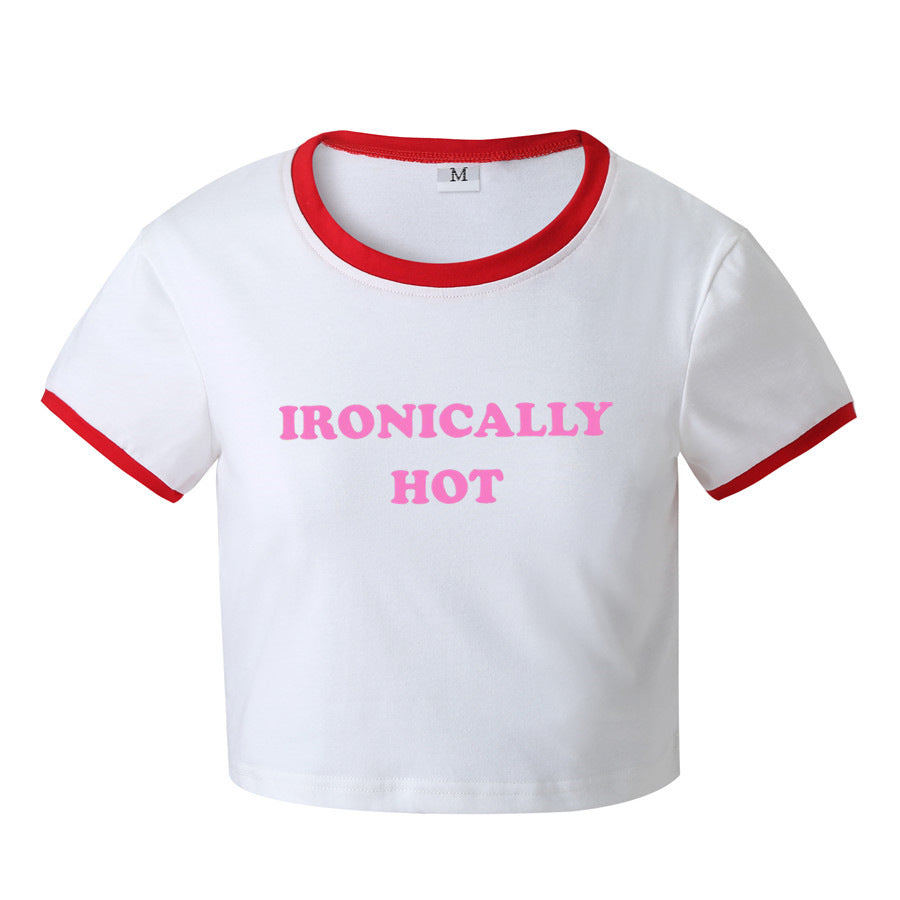 Ironically Hot Graphic Print Retro Throwback Cropped Short Sleeve Tee Shirt