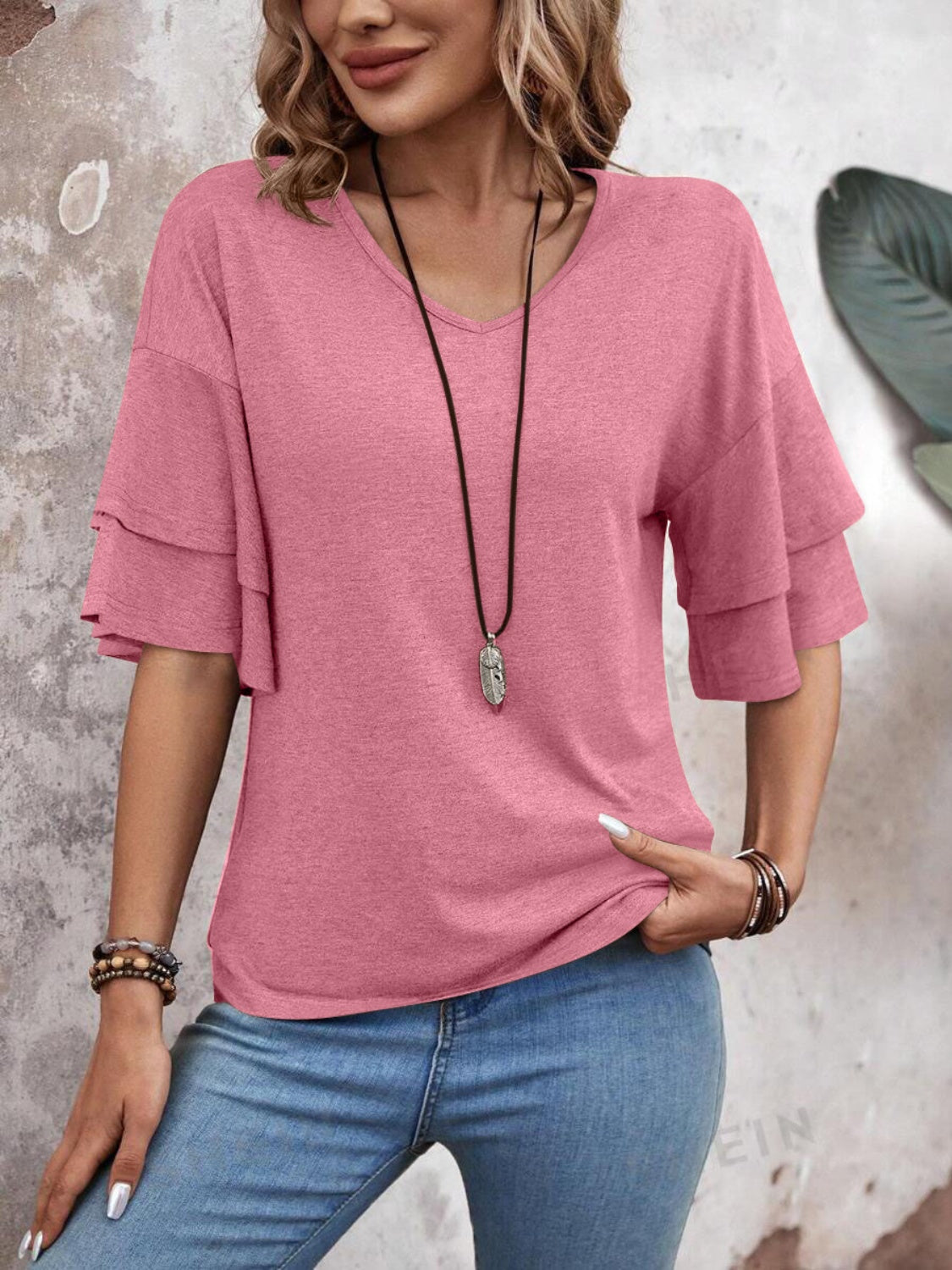 V-Neck Half Sleeve Ruffle Blouse