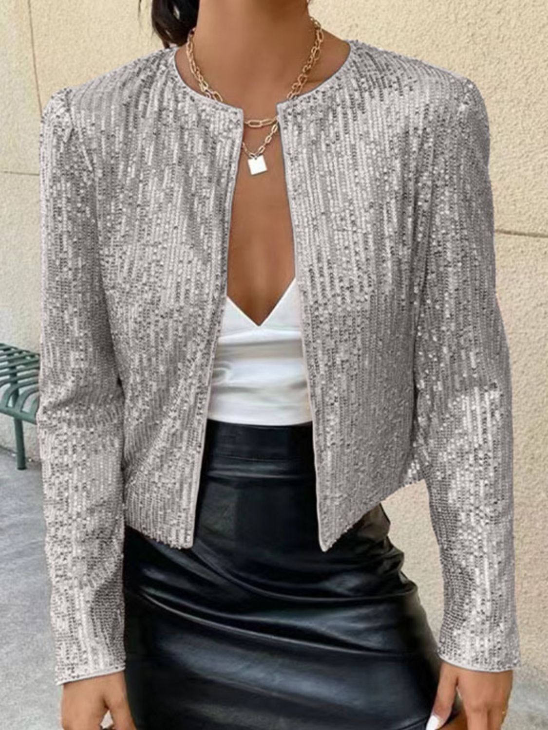 Full Size Sequin Open Front Cropped Jacket