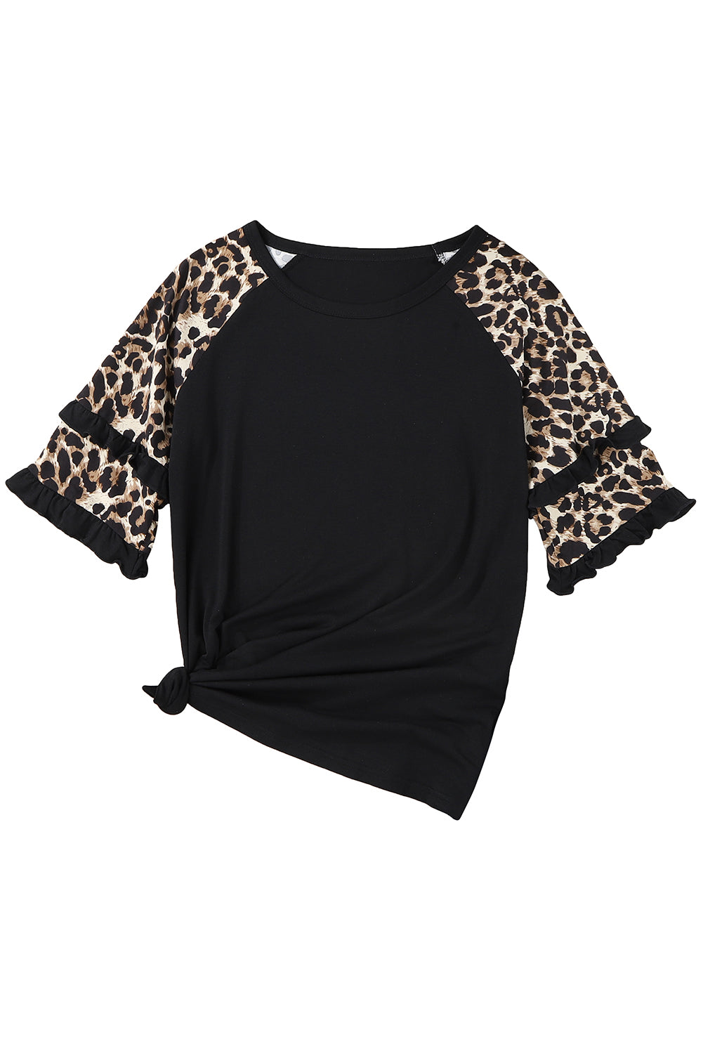 Black Casual Ruffled Leopard Sleeve Patchwork T-Shirt