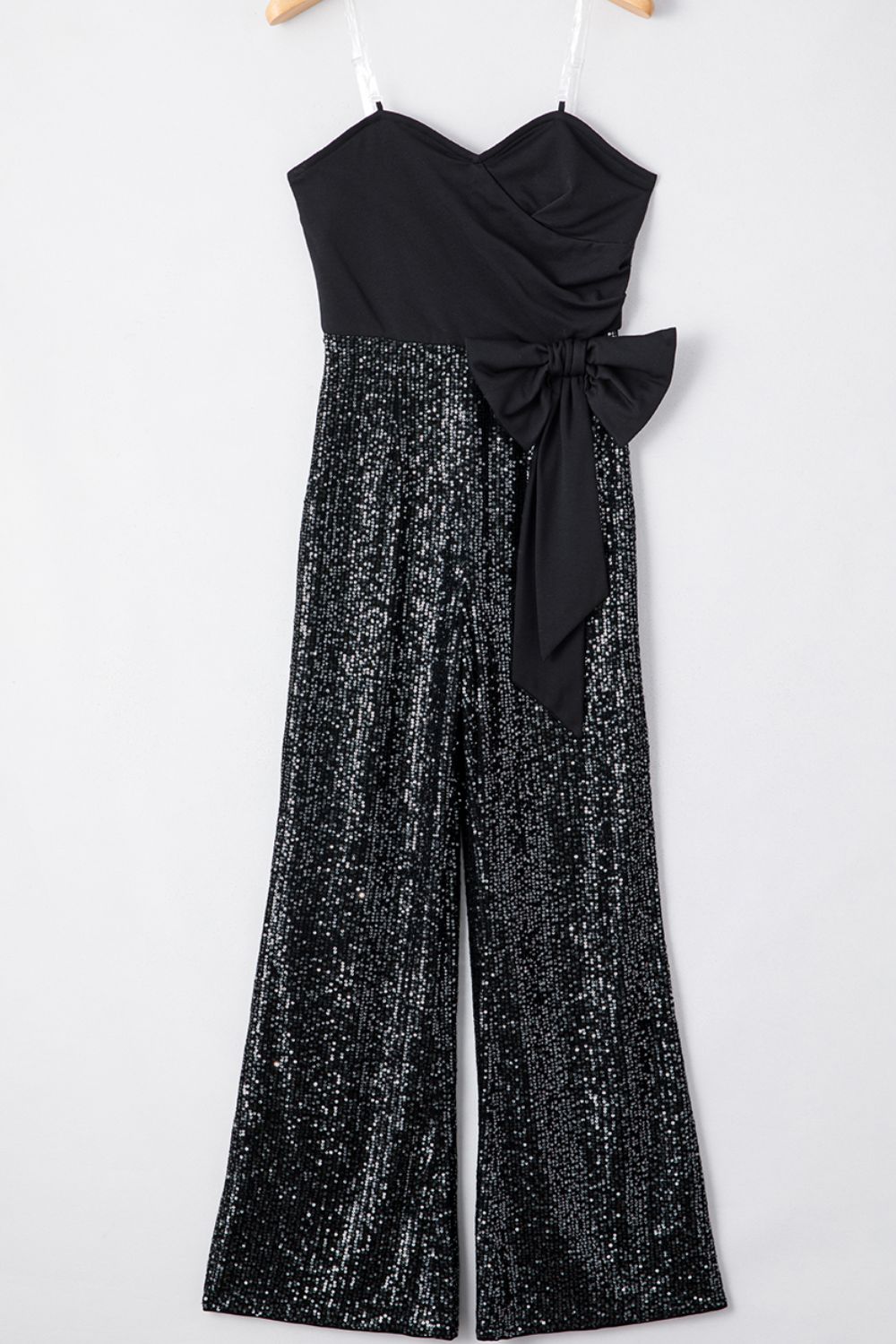 Bow Sequin Strapless Sweetheart Wide Leg Jumpsuit