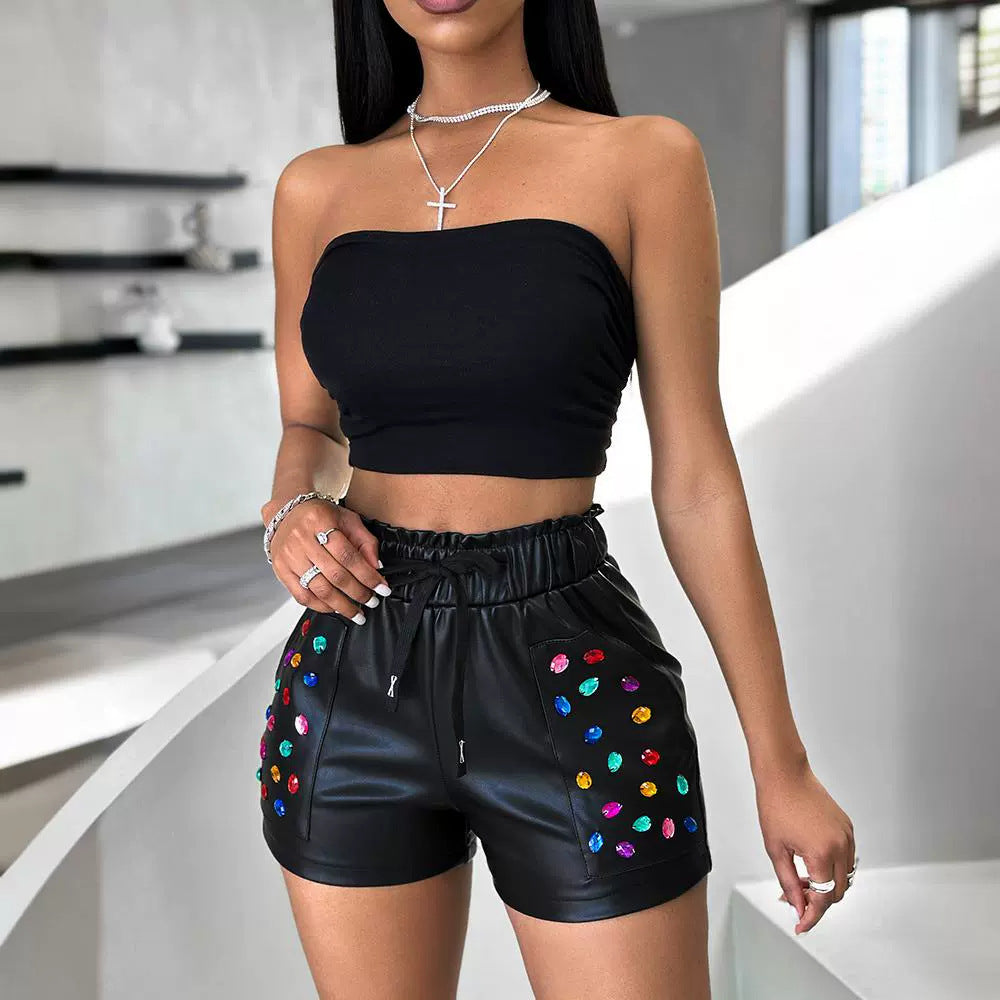 Women's Colorful Rhinestone PU Shorts