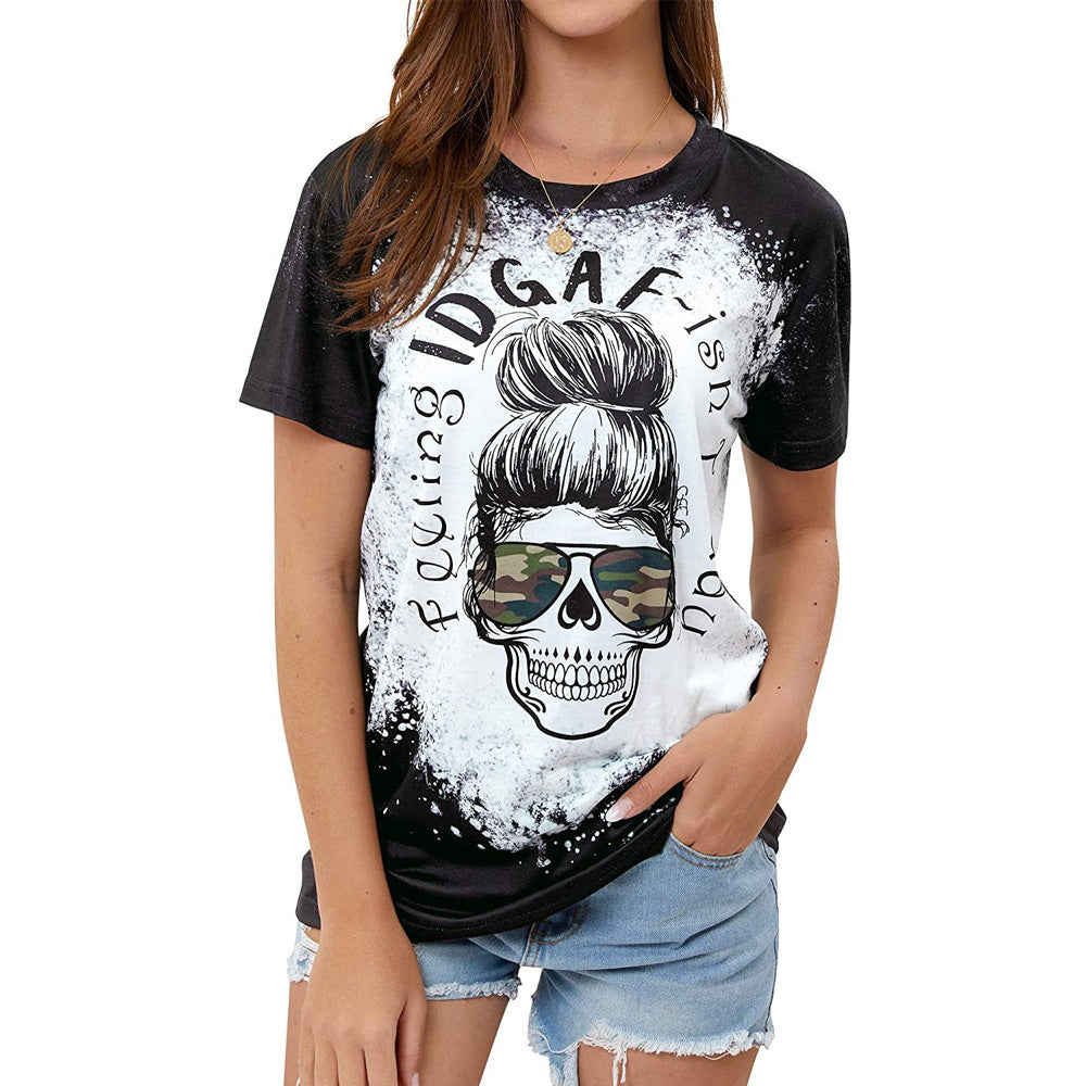 Skull Print Camo Sunglasses Funny Crew Neck Short Sleeve Graphic Print Tee Shirt