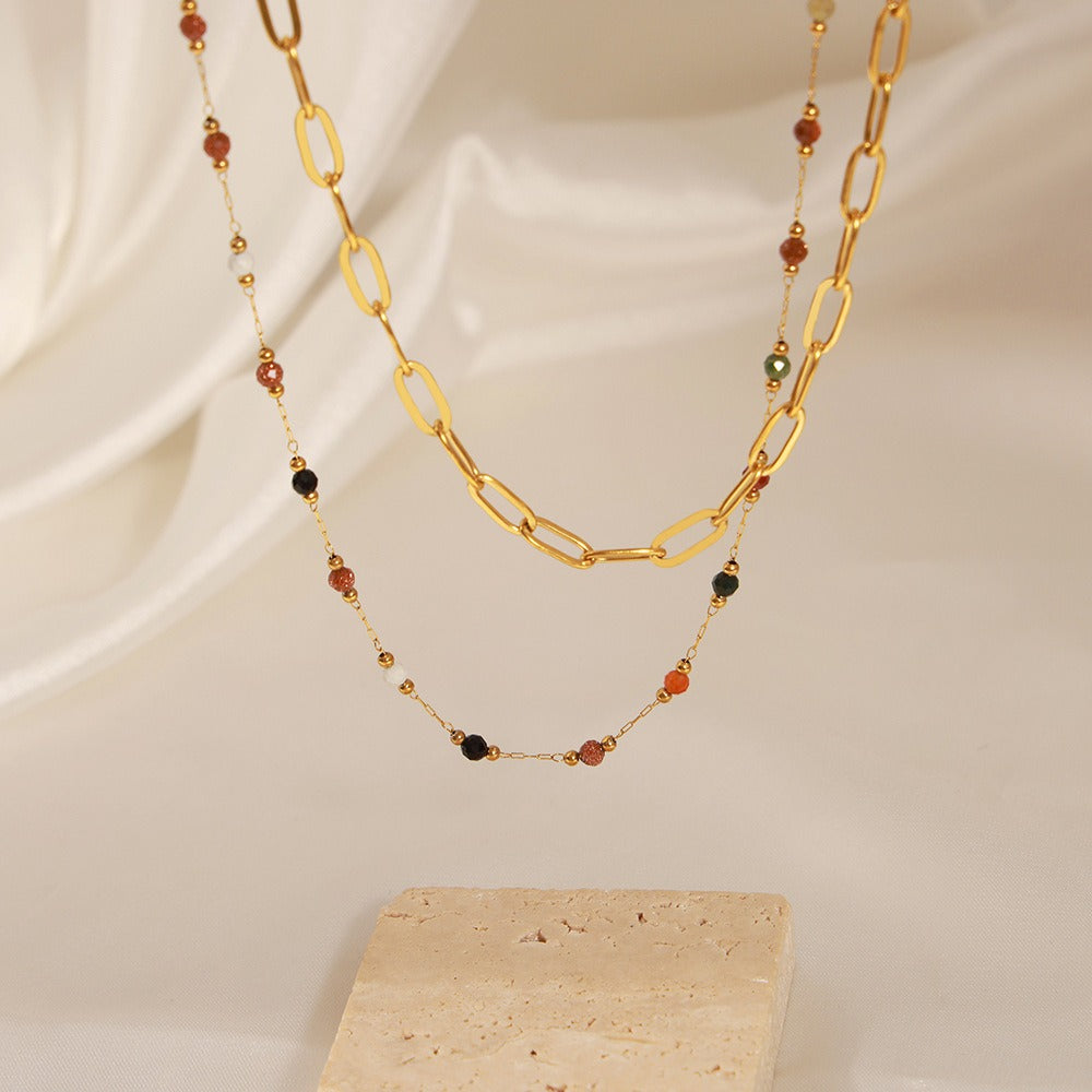 18K gold simple and elegant style stacked necklace with gemstone design