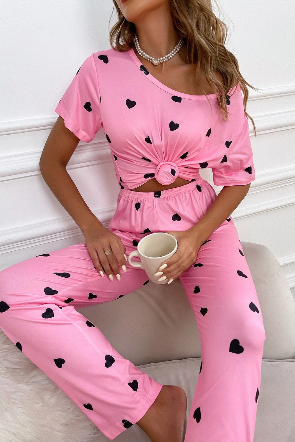 Pink Heart Print Tee and Pants Lounge Set