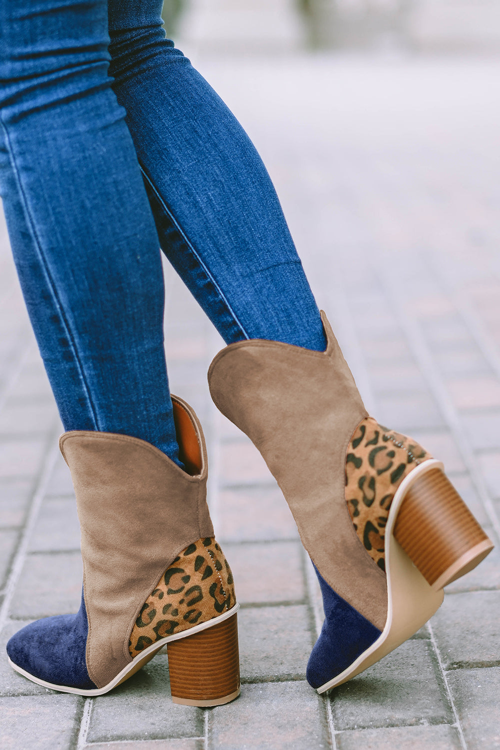 Leopard Print Color Block Patchwork Heeled Boots