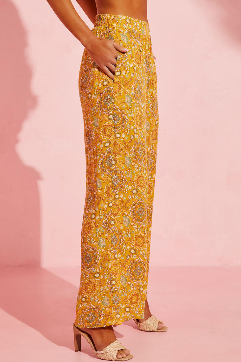 Yellow Bohemian Floral Print Pocketed Wide Leg Pants