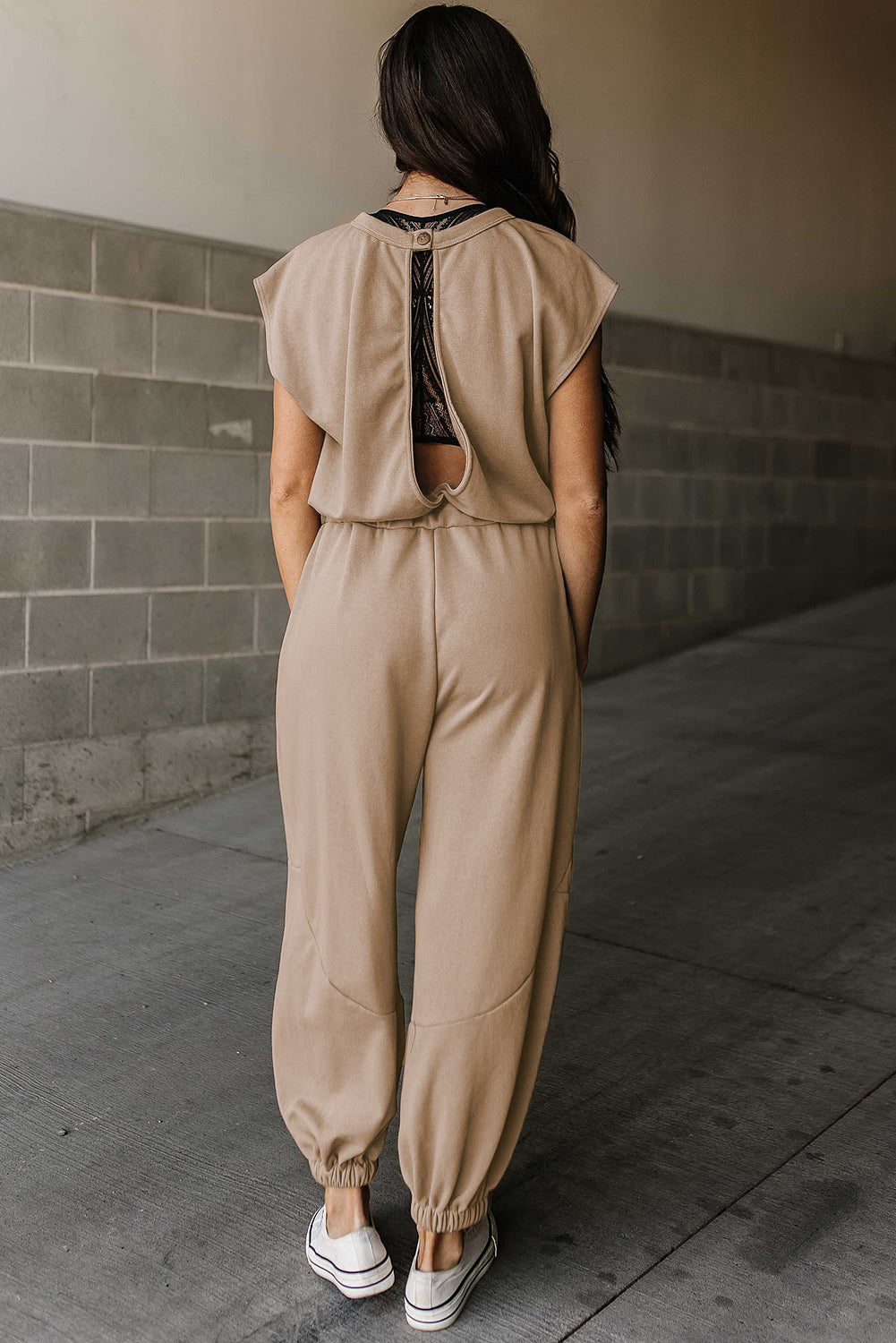 Medium Grey Cap Sleeve Open Back Drawstring Jogger Jumpsuit