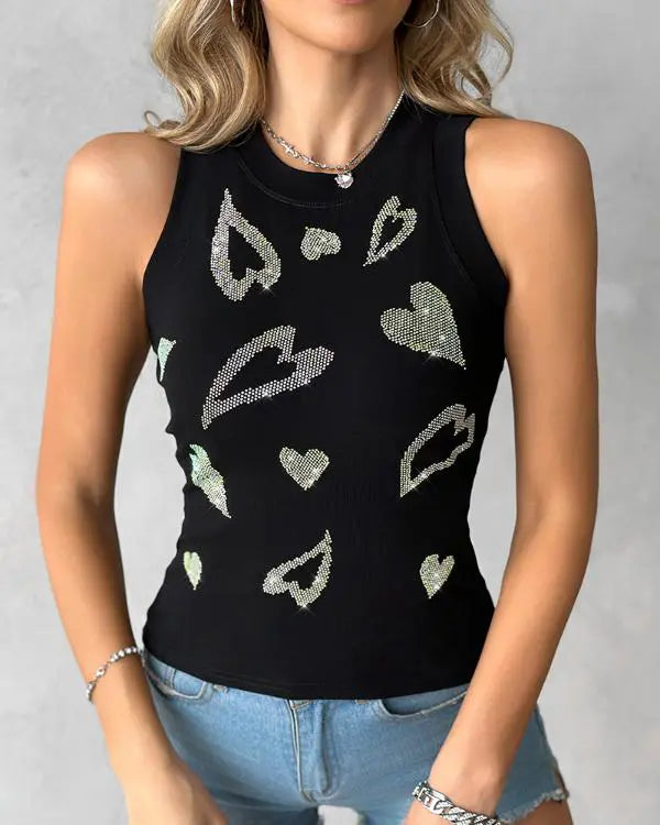 Rhinestone Heart Pattern Tank Top