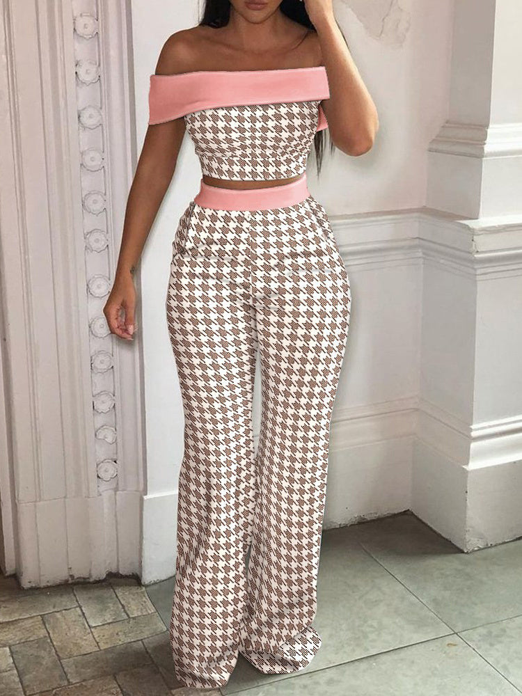 Women's Tropical Print And Checkered Print Option Off-Shoulder Crop Top And High Waist Pants Two Piece Outfit Set