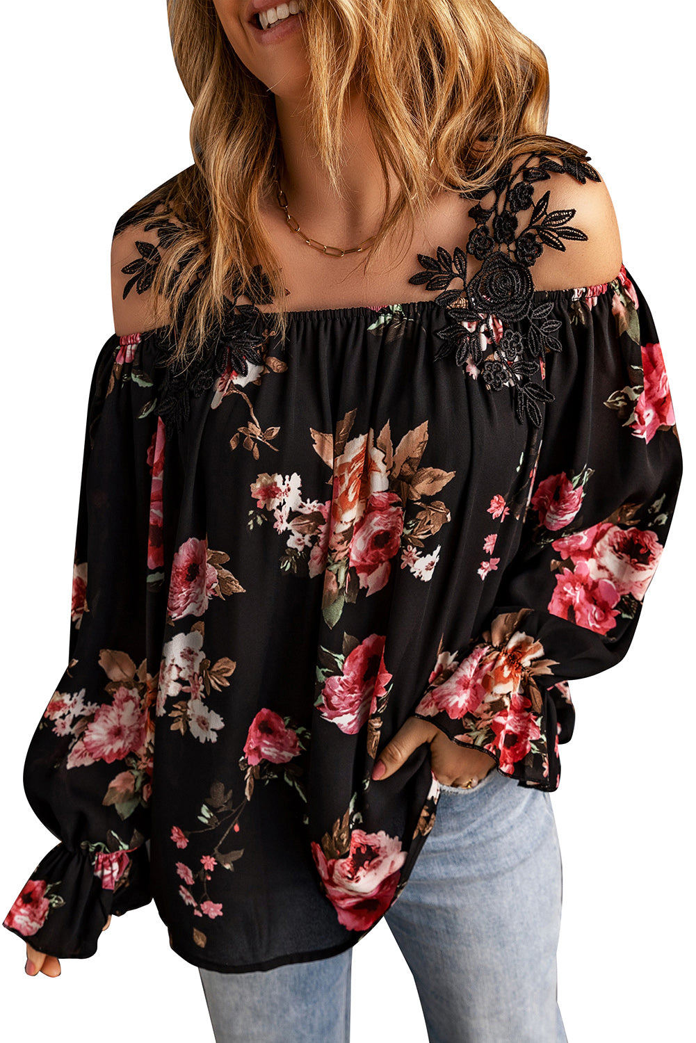 Black Floral Print Lace Patchwork Loose Off Shoulder Blouse