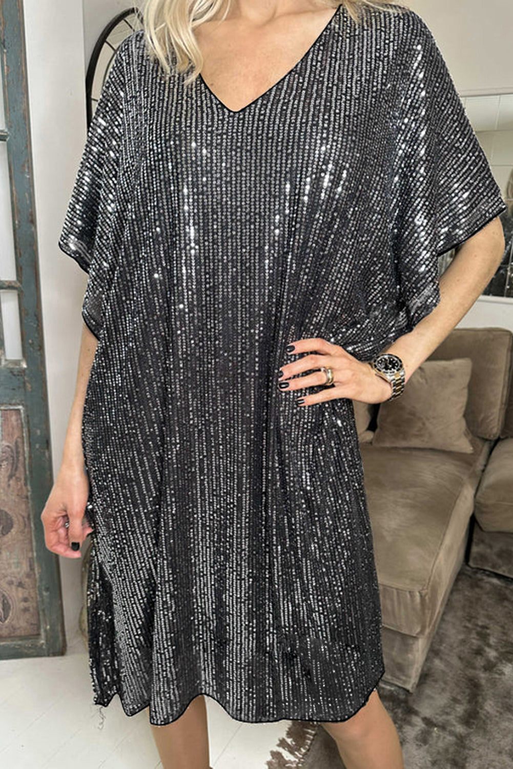 Elegant Dark Grey Sequin V-Neck Dolman Sleeve Shift Dress