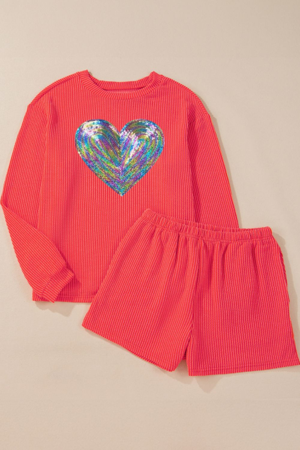 Sequin Heart Round Neck Long Sleeve Top and Shorts  Set