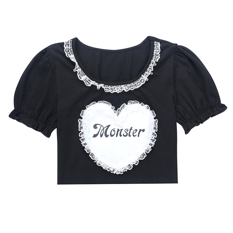 Goth Little Monster Black And White Lace Detailed Puff Sleeve Crop Top