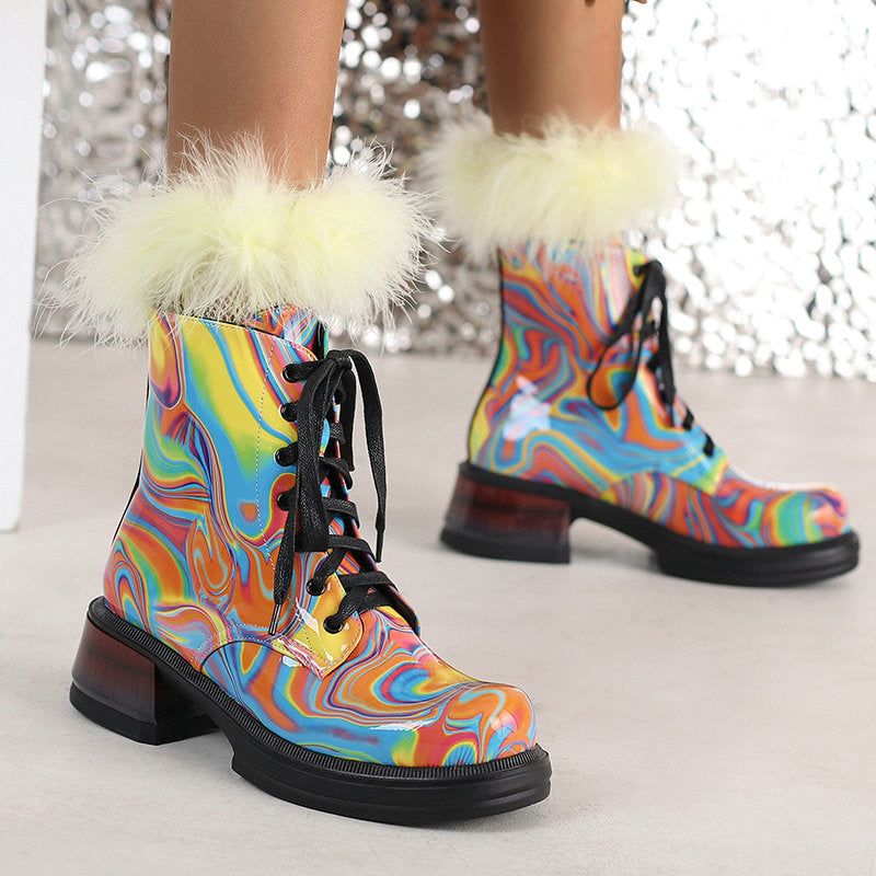 Bright Patent Leather Water Color Round Toe Thick Heel Boots Punk Style Iridescence Lace Up Women's Ankle Boots Gradient Color