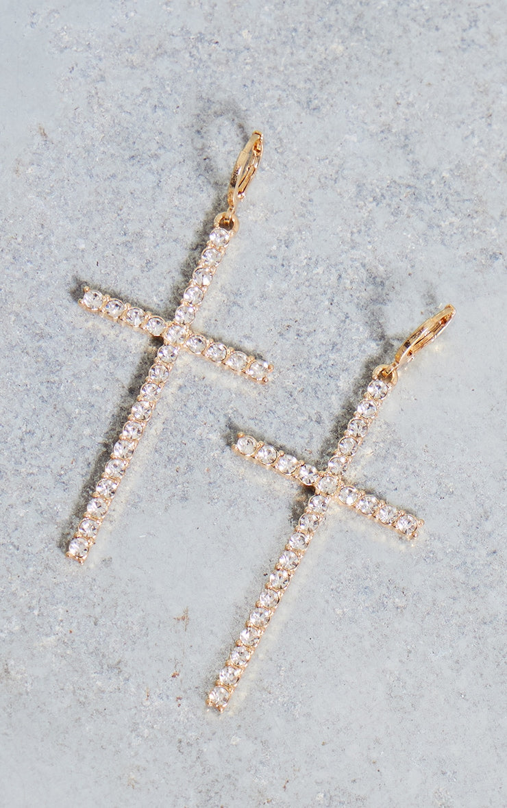 Gold Diamante Cross Statement Earrings