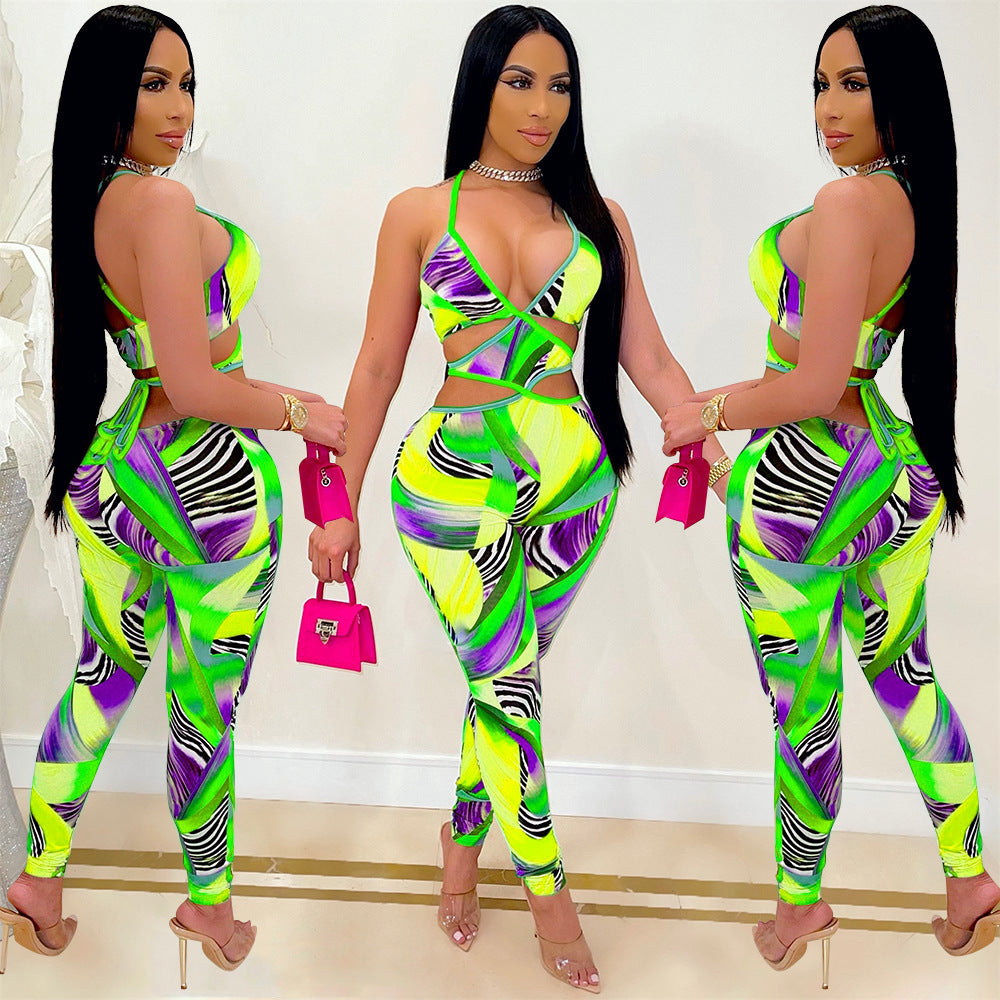 Festival Fashion Bright And Sexy Neon Print Cross-Tie Nightclub Jumpsuit