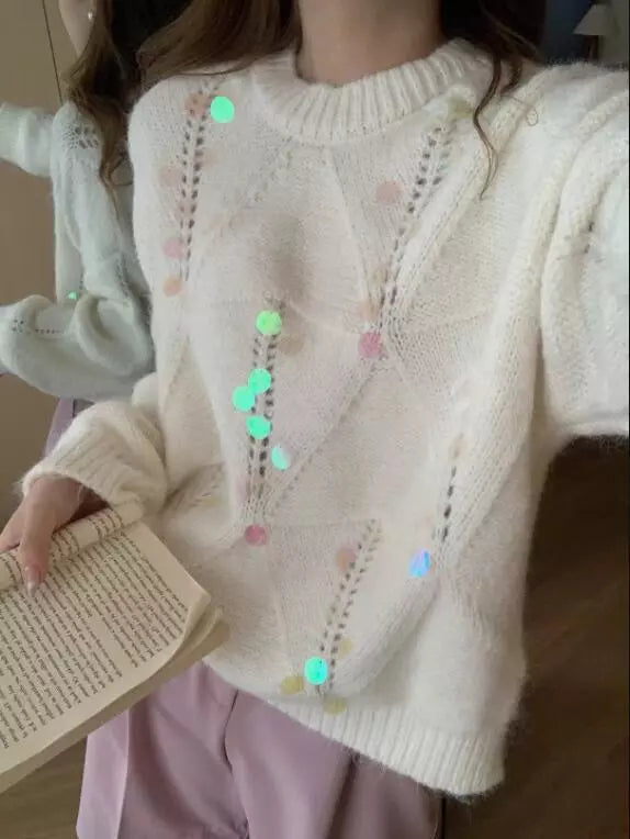 Sequin Round Neck Long Sleeve Sweater