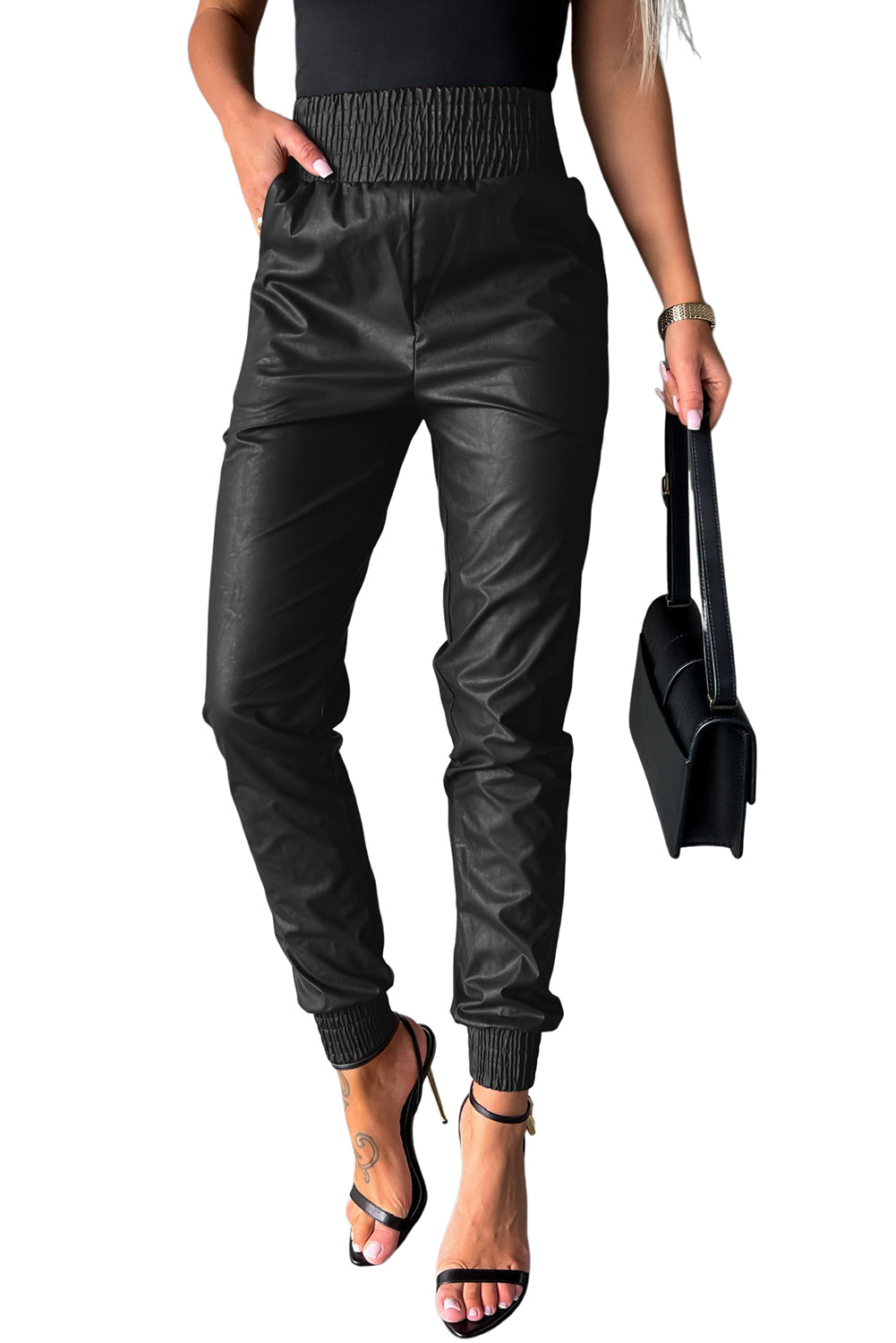 Black Smocked High Waist Leather Skinny Pants