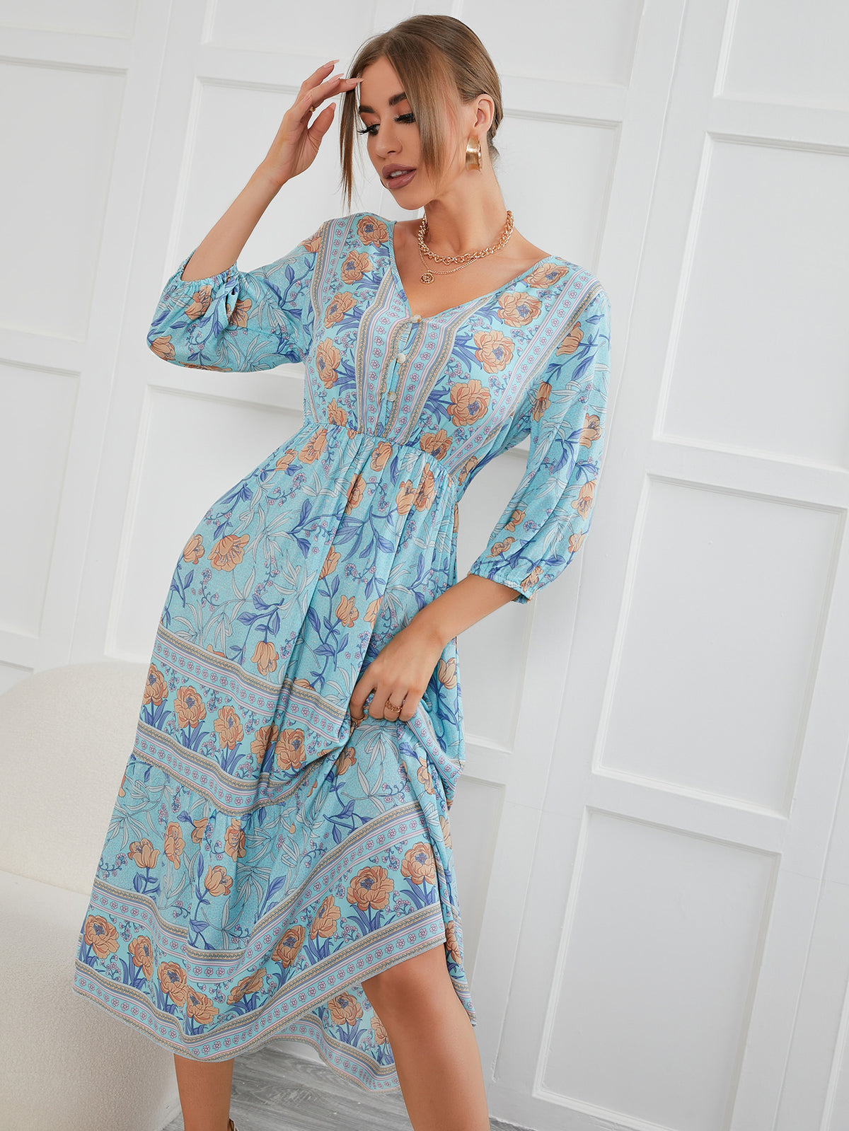 Bohemian V-neck Elastic Waist Three Quarter Sleeve Printed Maxi Dress