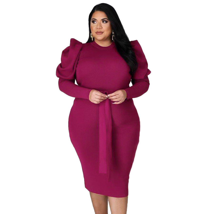 Women's Slim Fit Plus Size Puff Sleeve Tie Waist Midi Length Bodycon Dress